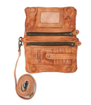 The Bed Stu Cadence EM is a brown embossed leather crossbody wallet with two zippered compartments, a snap-closure card holder, and a detachable strap, shown against a white background.