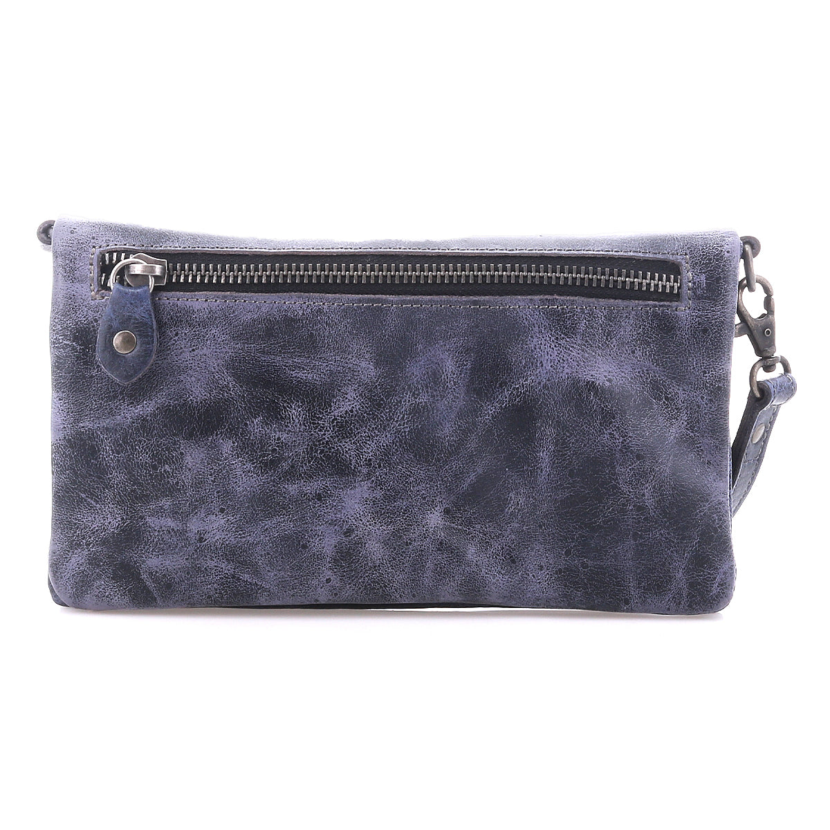 The Cadence by Bed Stu is a compact, rectangular dark blue leather clutch featuring a front zipper pocket and detachable wrist strap—perfect for carrying your essentials in style.