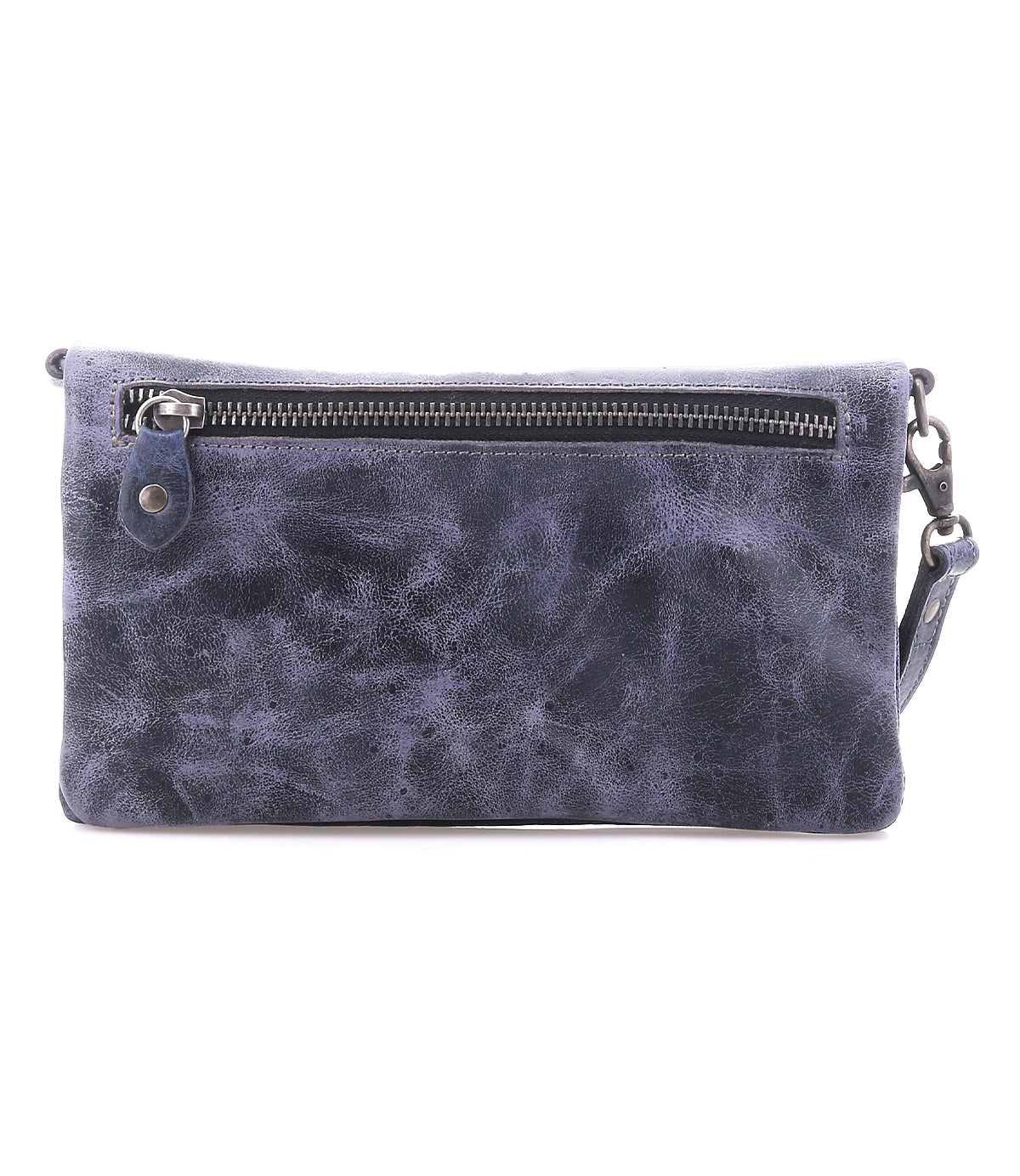 The Cadence by Bed Stu is a compact, rectangular dark blue leather clutch featuring a front zipper pocket and detachable wrist strap—perfect for carrying your essentials in style.