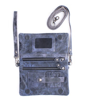 The Bed Stu Cadence is a gray leather crossbody organizer with zippers, card slots, and a clear ID window, shown open with a removable strap—ideal as a compact wallet or clutch for daily essentials.