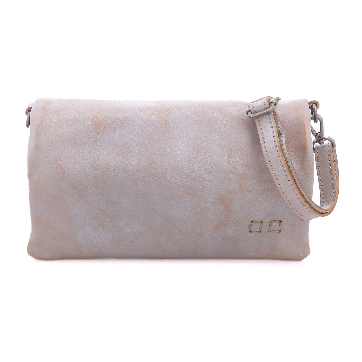 Bed|Stü Cadence rectangular light gray full-grain leather crossbody bag that functions as a 3-in-1 wallet, featuring a detachable shoulder strap and small metallic hardware.