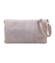 Bed|Stü Cadence rectangular light gray full-grain leather crossbody bag that functions as a 3-in-1 wallet, featuring a detachable shoulder strap and small metallic hardware.