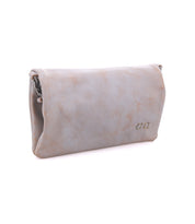Bed|Stü Cadence light grey full-grain leather fold-over clutch featuring two small metal hardware squares on the front, designed as a versatile 3-in-1 wallet.