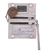 Bed|Stü Cadence light-colored full-grain leather 3-in-1 wallet with a detachable wrist strap and crossbody strap, featuring multiple zipper pockets, card slots, and an ID window.