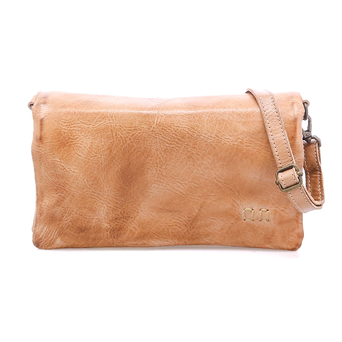 The Bed Stu Cadence is a light brown full-grain leather crossbody wallet with an adjustable strap, textured finish, and subtle embossed initials on the lower right corner.