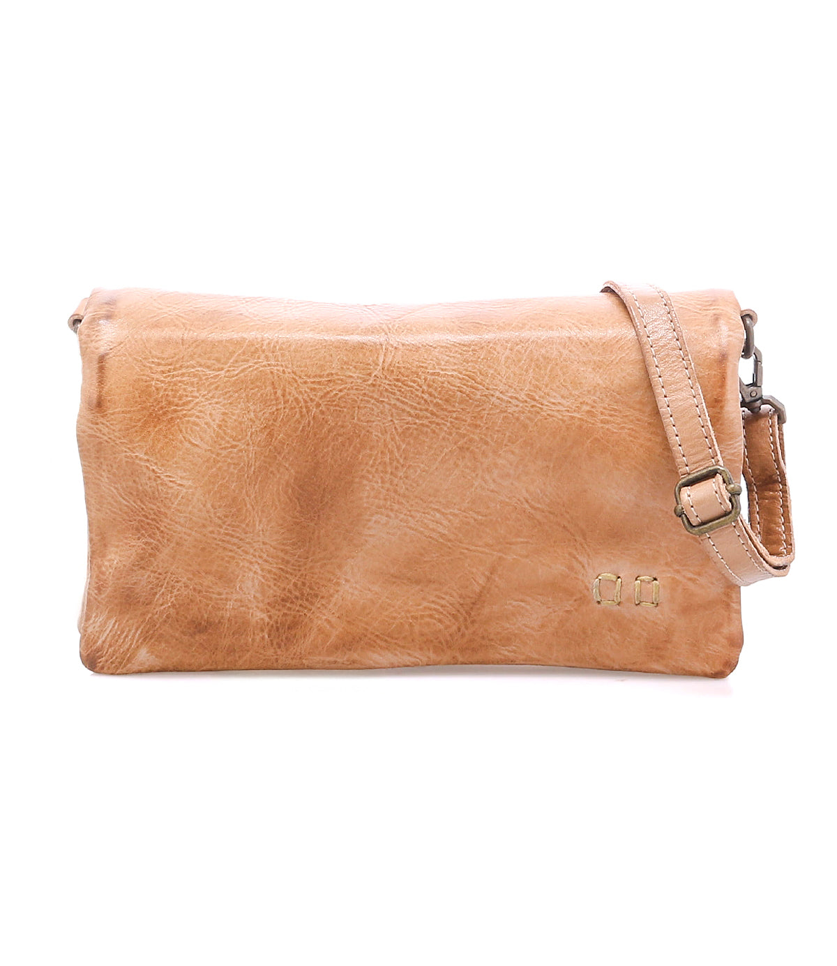 The Bed Stu Cadence is a light brown full-grain leather crossbody wallet with an adjustable strap, textured finish, and subtle embossed initials on the lower right corner.