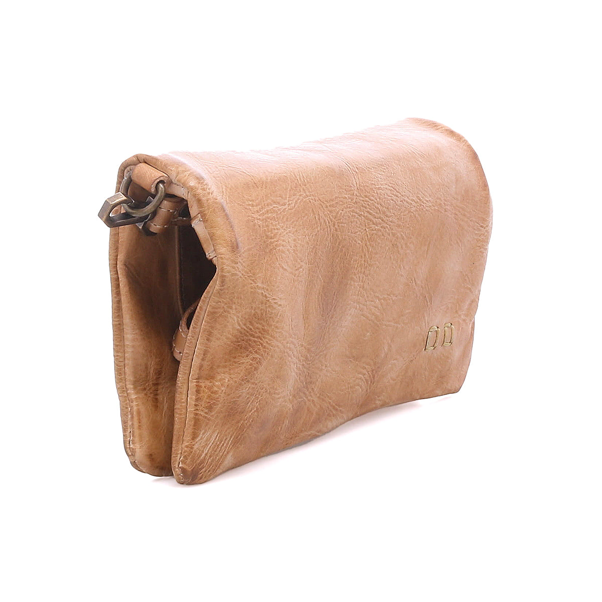 The Cadence messenger bag by Bed Stu, crafted in tan leather with a flap closure and partially open to reveal its interior, is shown against a white background—an ideal match with a crossbody wallet for everyday use.