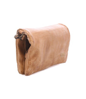 The Cadence messenger bag by Bed Stu, crafted in tan leather with a flap closure and partially open to reveal its interior, is shown against a white background—an ideal match with a crossbody wallet for everyday use.