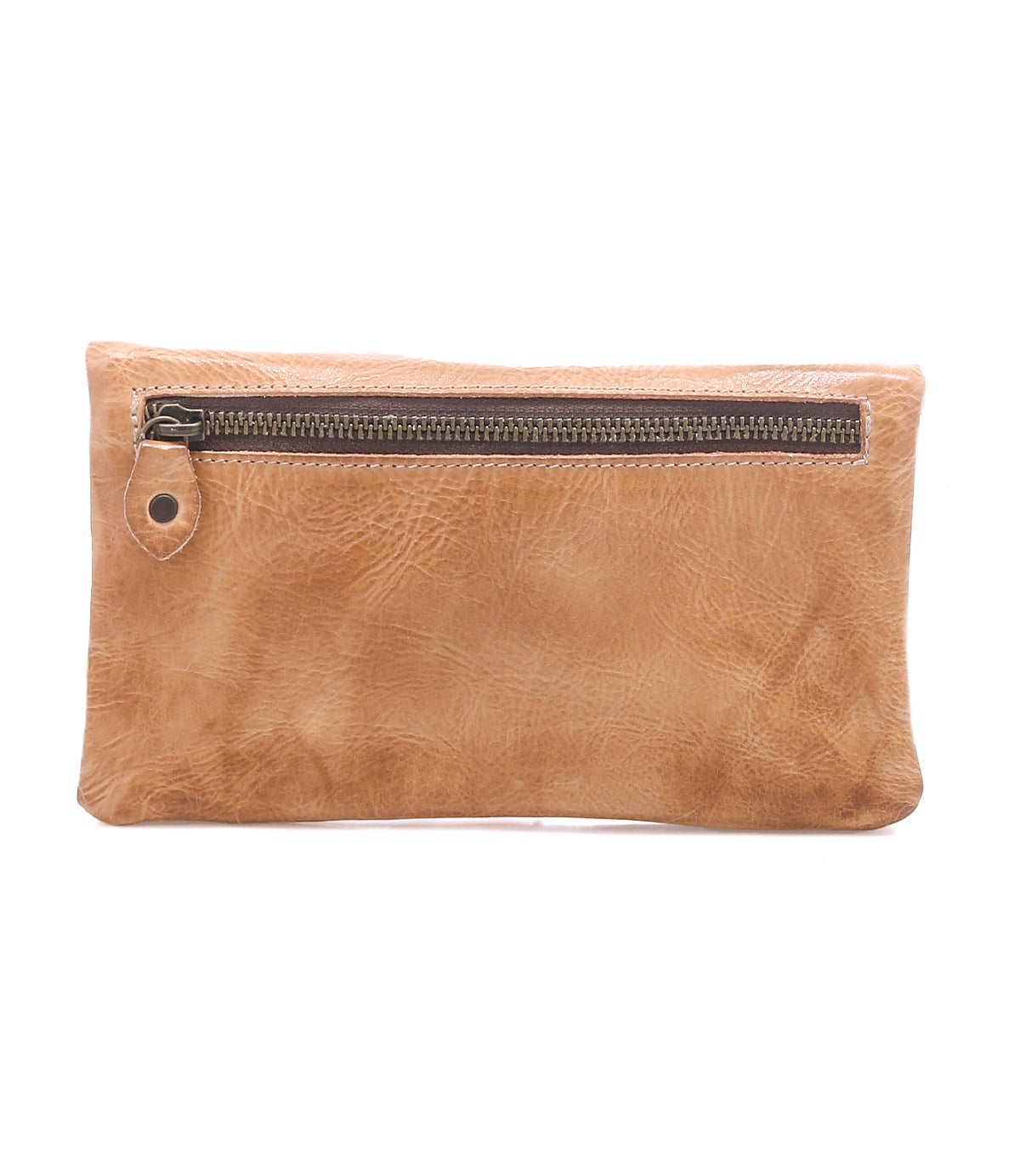The Bed Stu Cadence is a rectangular tan full-grain leather clutch featuring a front zipper pocket and simple stitching.