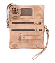 The Cadence by Bed Stu is a beige full-grain leather crossbody wallet with a detachable strap, dual zippered pockets, card slots, ID window, and embossed "BED|STU" logo on the front.