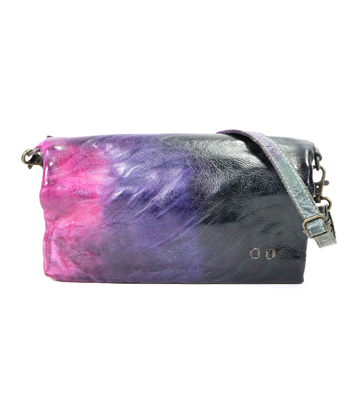 A colorful metallic Cadence crossbody clutch from Bed Stu with a gradient purple to pink pattern and a silver chain, isolated on a white background.