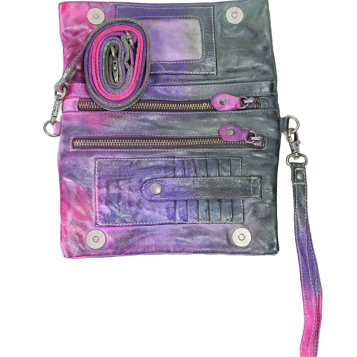 Cadence multicolored leather 3-in-1 wallet with various compartments and a wrist strap, featuring zippers and snap buttons by Bed Stu.