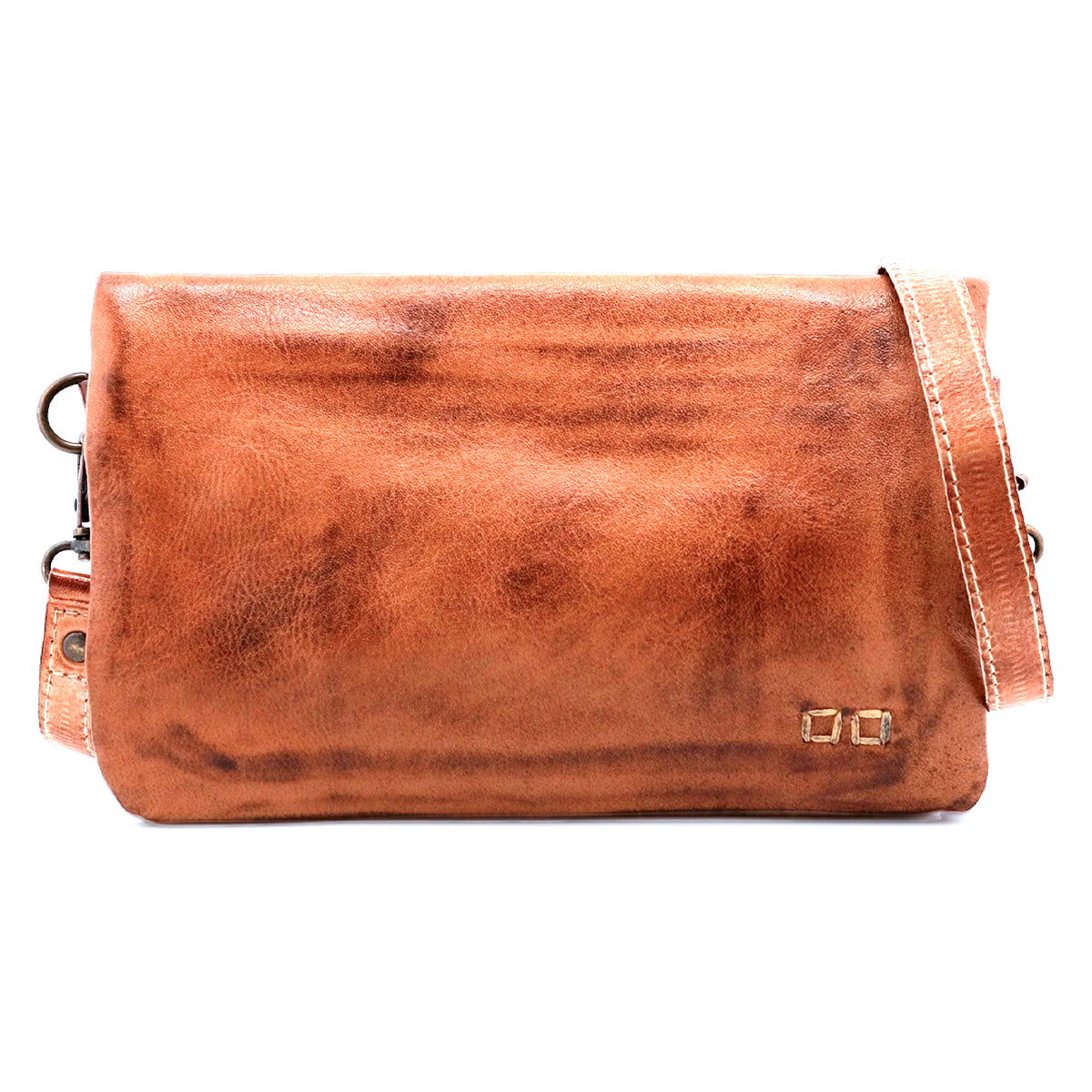 The Cadence by Bed Stu is a rectangular brown leather crossbody bag with a long strap and a small metallic logo on the bottom right—ideal for carrying as a compact wallet on the go.