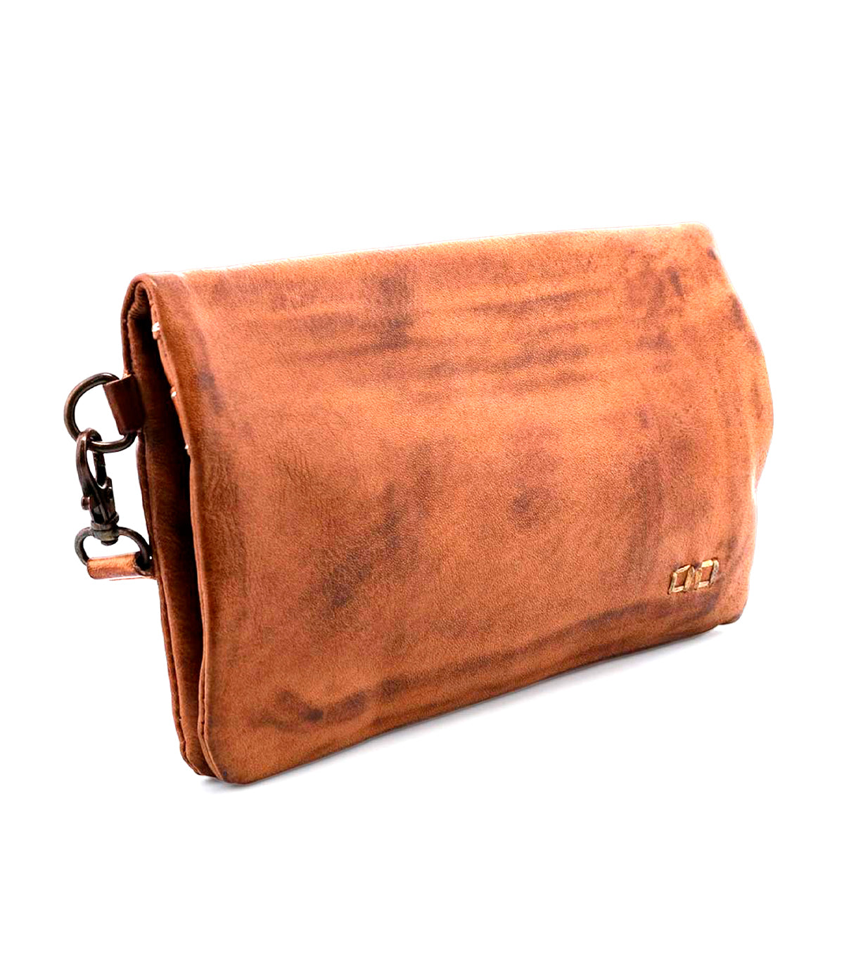 The Bed Stu Cadence is a brown leather clutch with a fold-over flap and side metal clasp, offering a minimalist design—perfect as a compact wallet for your essentials.