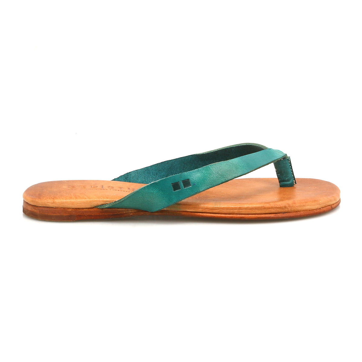 The Bed Stu Calma is a single green leather sandal featuring a lightweight, comfortable design and a flat brown sole, displayed in side profile on a white background.