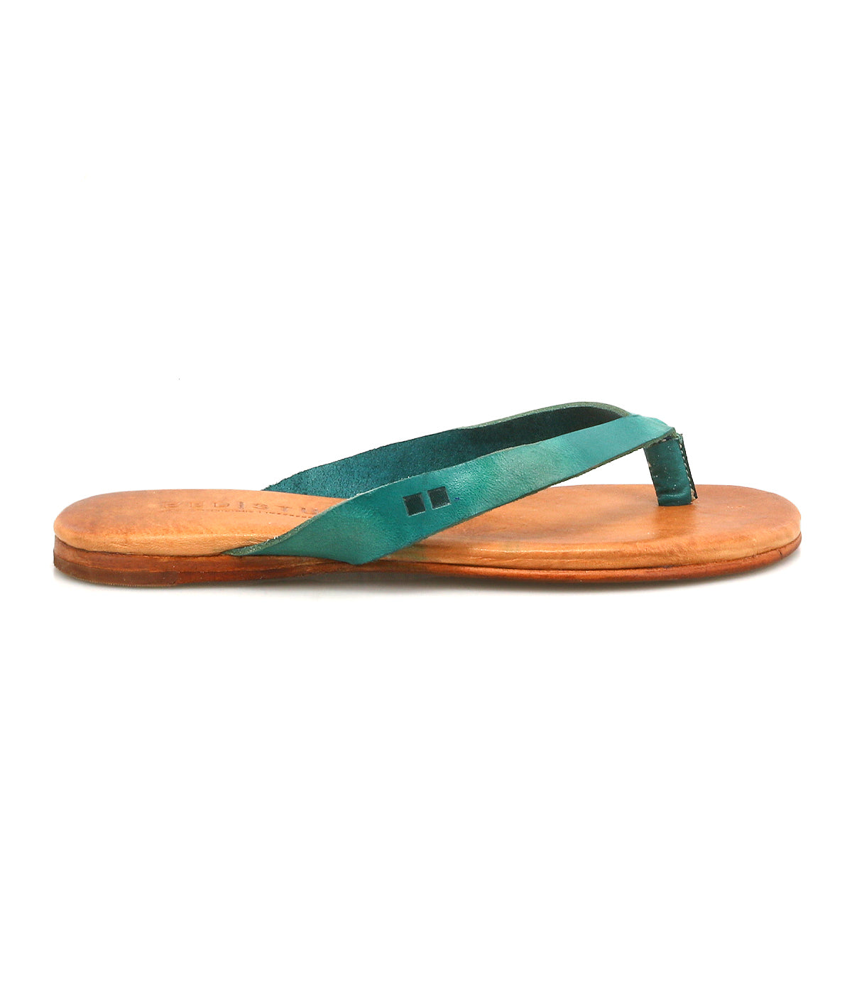 The Bed Stu Calma is a single green leather sandal featuring a lightweight, comfortable design and a flat brown sole, displayed in side profile on a white background.