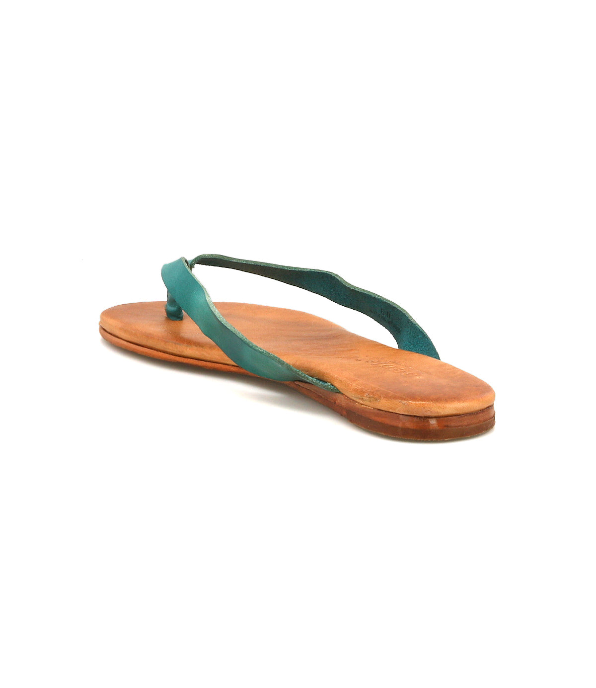 The Bed Stu Calma is a single teal sandal with a tan flat sole, lightweight and comfortable, shown from the back at an angle on a white background.