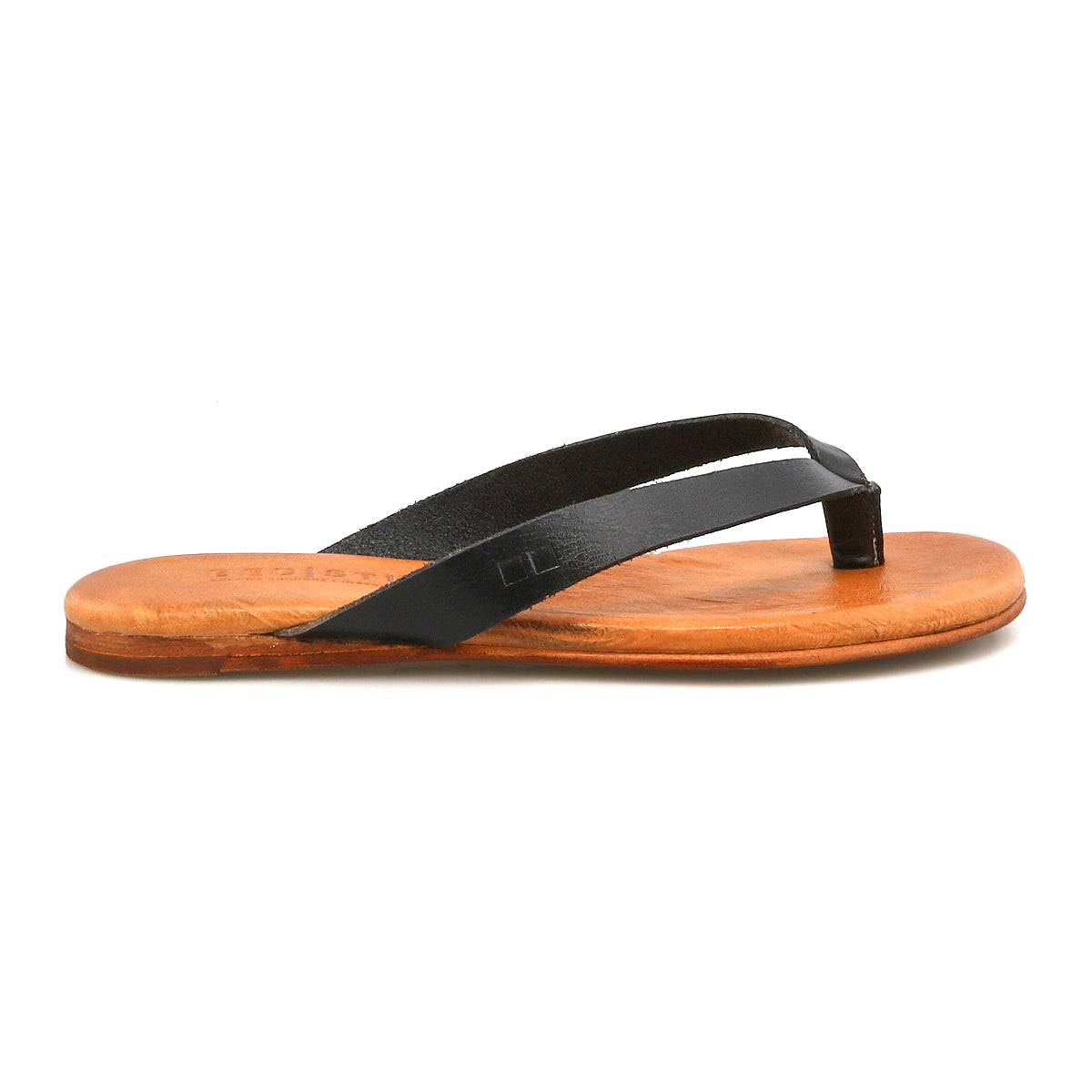 The Bed Stu Calma sandal features comfortable black leather thong straps with a tan sole, shown side view on white background—ideal relaxing footwear for any occasion.