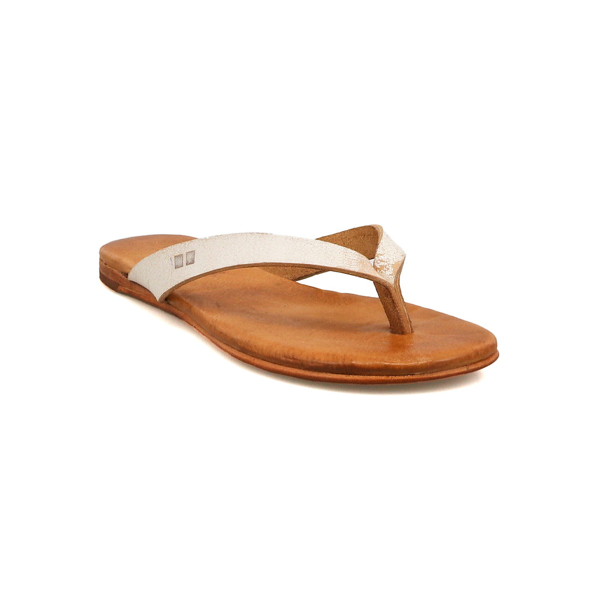 The Bed Stu Calma is a lightweight, comfortable tan leather flip-flop sandal featuring a metallic beige thong strap, shown on a white background—ideal for relaxing footwear.