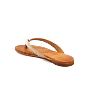 The Calma sandal by Bed Stu is a single tan leather thong sandal, lightweight and comfortable, displayed from a rear side angle on a white background.