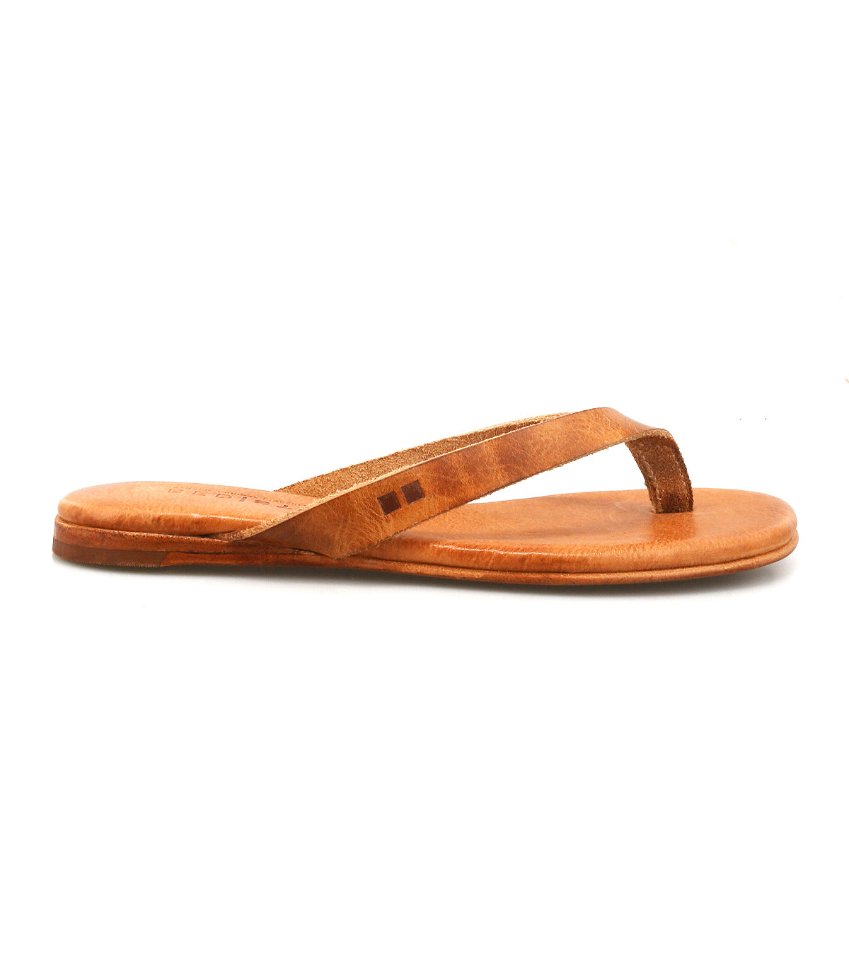 The Bed Stu Calma is a brown leather thong sandal with a flat sole, shown from the side on a white background—a lightweight, comfortable choice for relaxing days.
