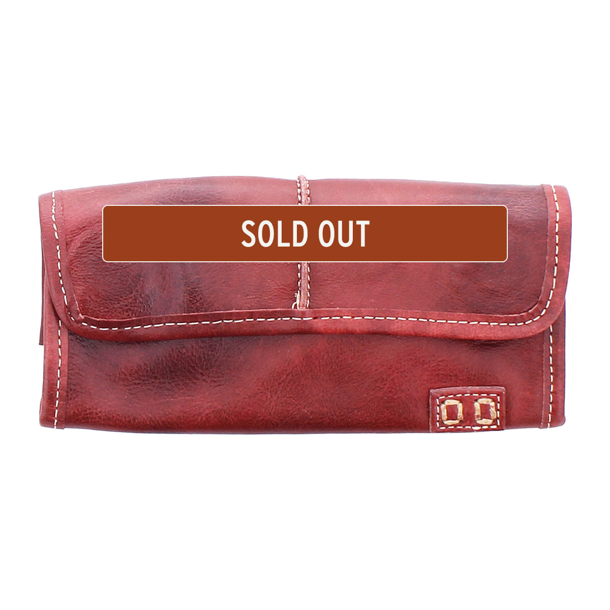 The Bed Stu Canton is a compact 2-in-1 leather wallet in red with white stitching, boldly labeled "SOLD OUT" across the front.