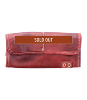 The Bed Stu Canton is a compact 2-in-1 leather wallet in red with white stitching, boldly labeled "SOLD OUT" across the front.