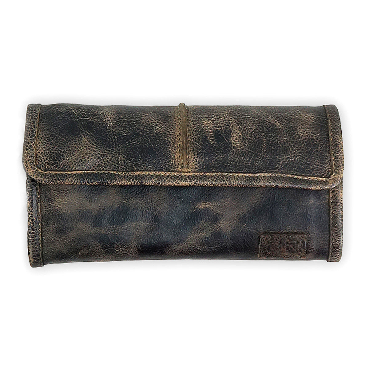 The Canton by Bed Stu is a clutch-style wallet made from worn, dark leather with a flap cover, lying flat on a white background.