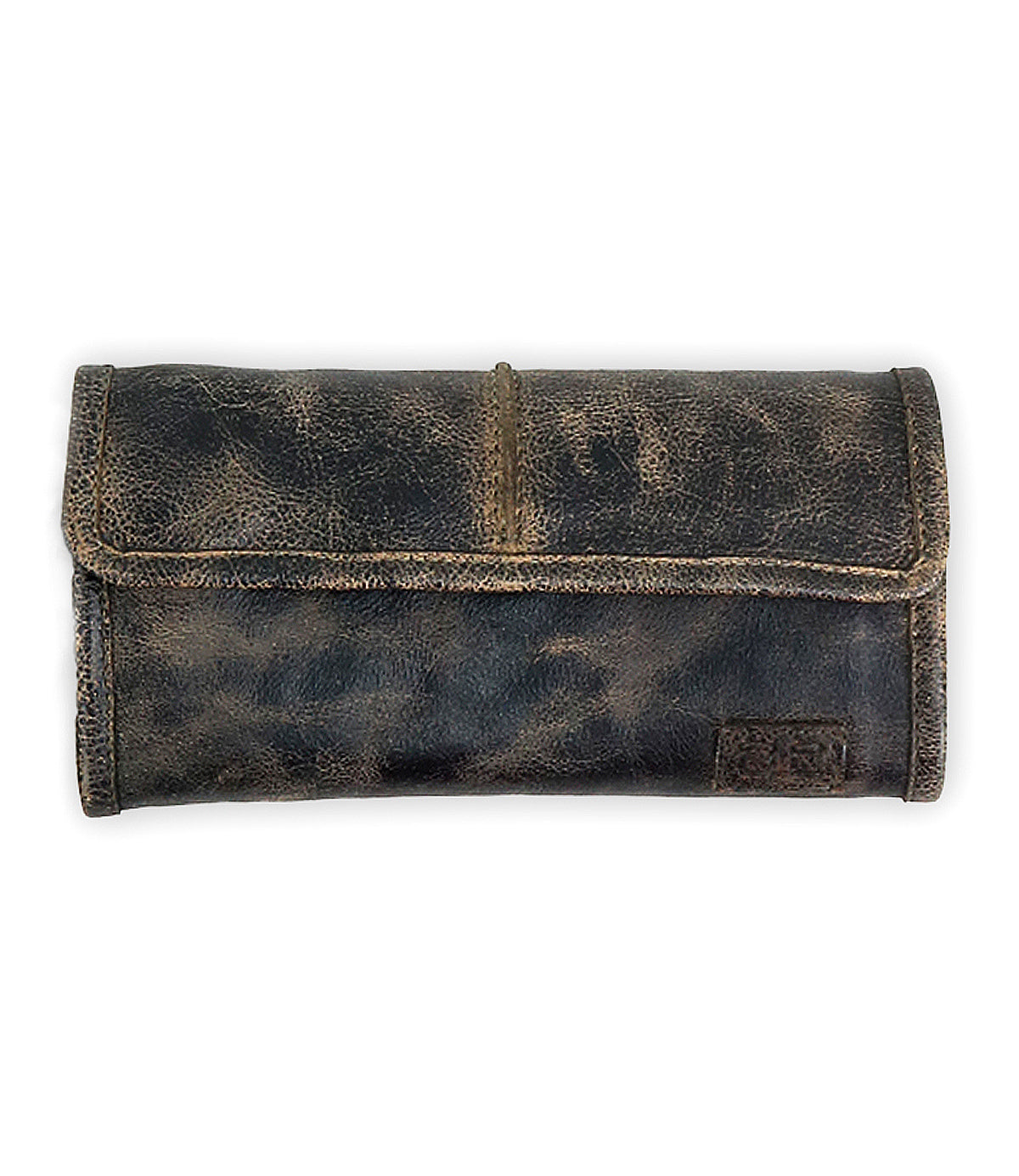 The Canton by Bed Stu is a clutch-style wallet made from worn, dark leather with a flap cover, lying flat on a white background.