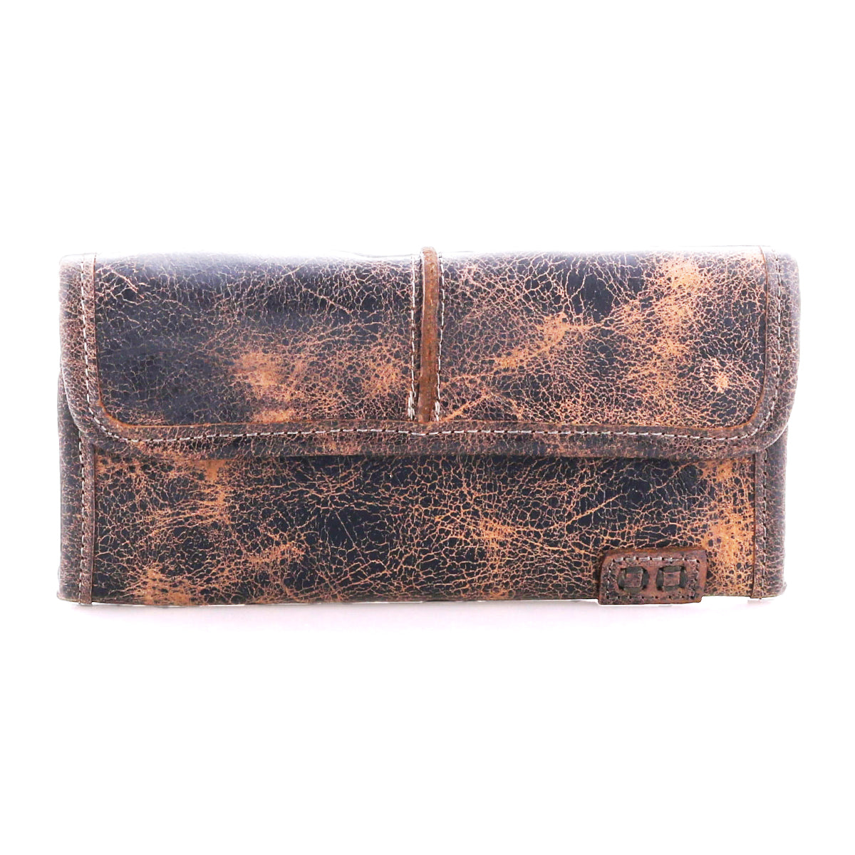 The Bed Stu Canton is a worn brown 2-in-1 wallet with a distressed finish, flap closure, and a small metal logo plate in the lower right corner.