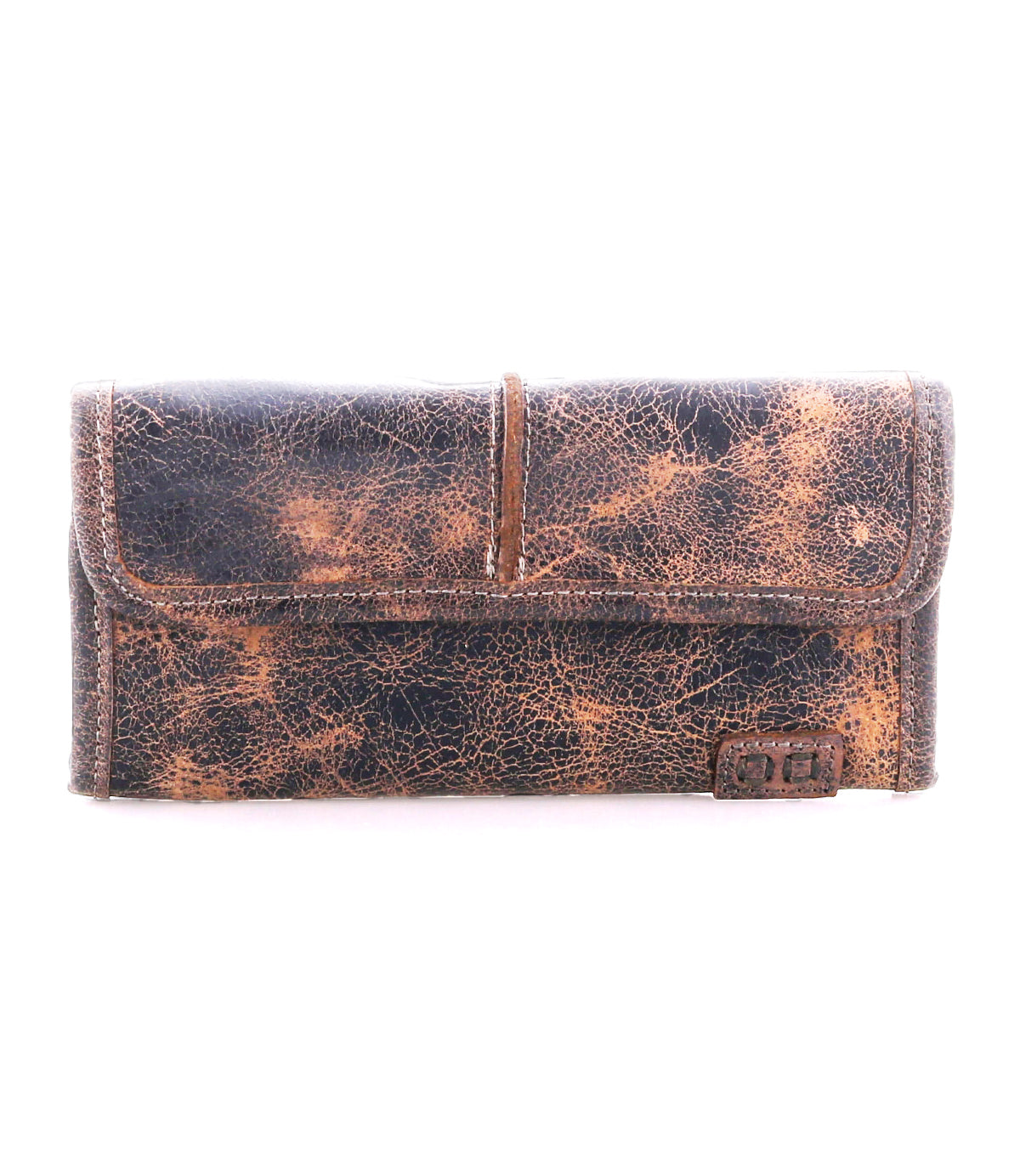 The Bed Stu Canton is a worn brown 2-in-1 wallet with a distressed finish, flap closure, and a small metal logo plate in the lower right corner.