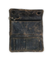Introducing the Canton by Bed Stu: a tastefully designed, open leather wallet displaying a distinct worn finish. It features multiple card slots and a zippered pocket and is cleverly designed as a compact clutch with a unique metal ring at the top.