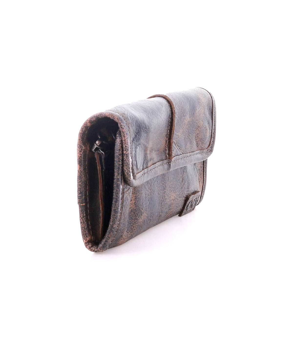 The Bed Stu Canton is a brown leather wallet with a flap closure, photographed at an angle on a white background. This classic 2-in-1 wallet combines style and practicality.