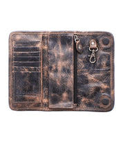 The Bed Stu Canton is an open, worn leather wallet with card slots, a zippered pocket, snap button, and metal key hook—perfect as a clutch or classic 2-in-1 wallet for your daily essentials.