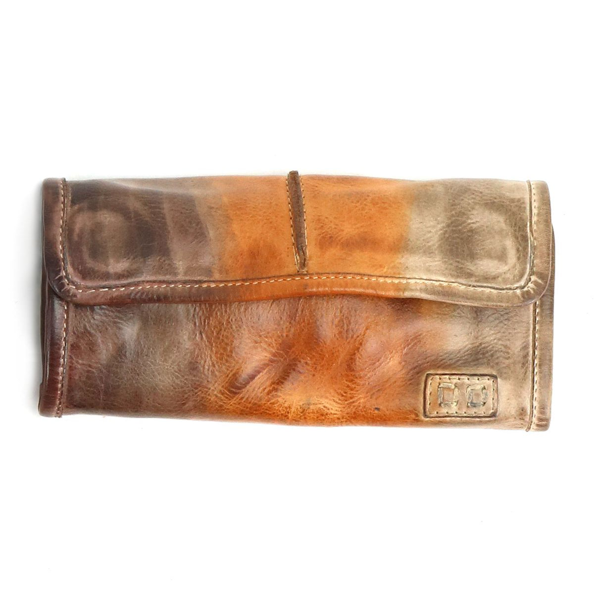 The Canton by Bed Stu is a two-tone leather wallet that can also be used as a 2-in-1 clutch, with a rectangular metal logo plate on the bottom right corner.
