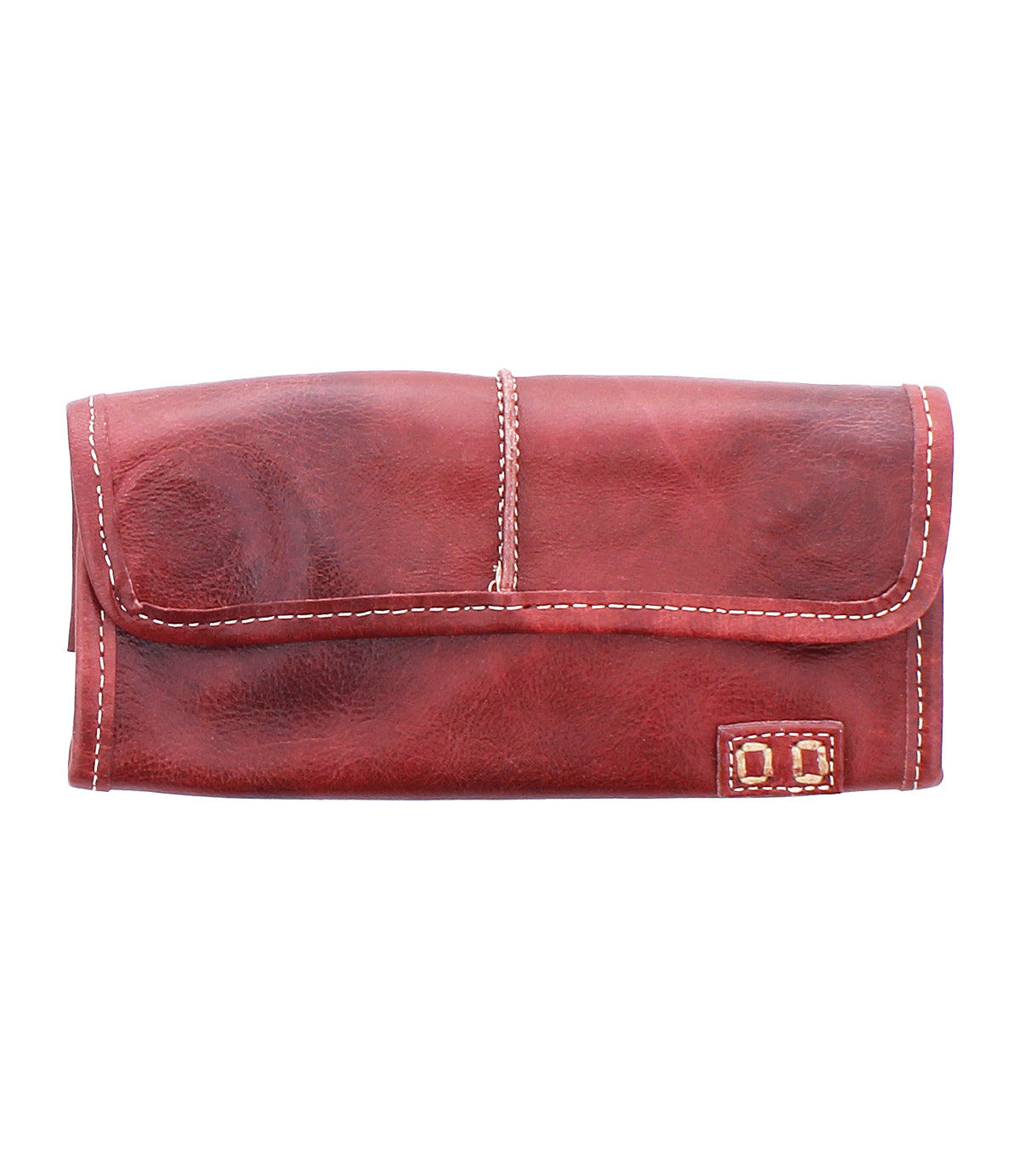 The Bed Stu Canton is a rectangular brown-red leather wallet featuring white stitching, multiple card slots, and a small decorative patch in the bottom right corner.