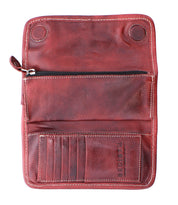 The Bed Stu Canton wallet clutch, made of brown leather with visible stitching, snap buttons, zippered pocket, and card slots, is shown open on a white background.