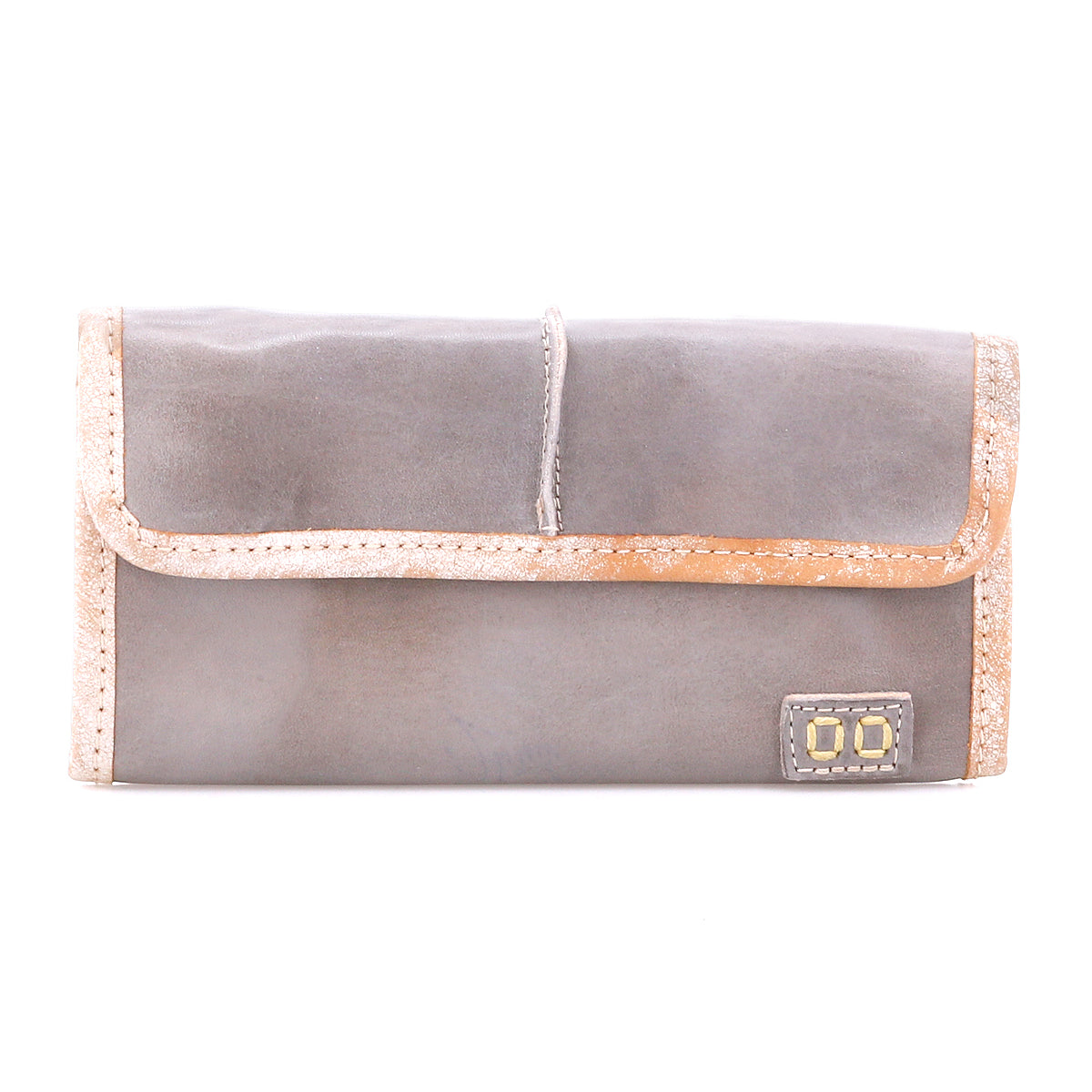 The Bed Stu Canton is a rectangular gray 2-in-1 leather wallet with tan trim, card slots for easy organization, and a small decorative patch in the bottom right—combining style and functionality.