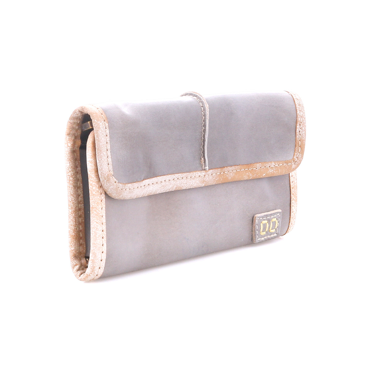 The Bed Stu Canton wallet is a gray leather 2-in-1 clutch with beige trim and a small rectangular "DD" patch, displayed on a white background.