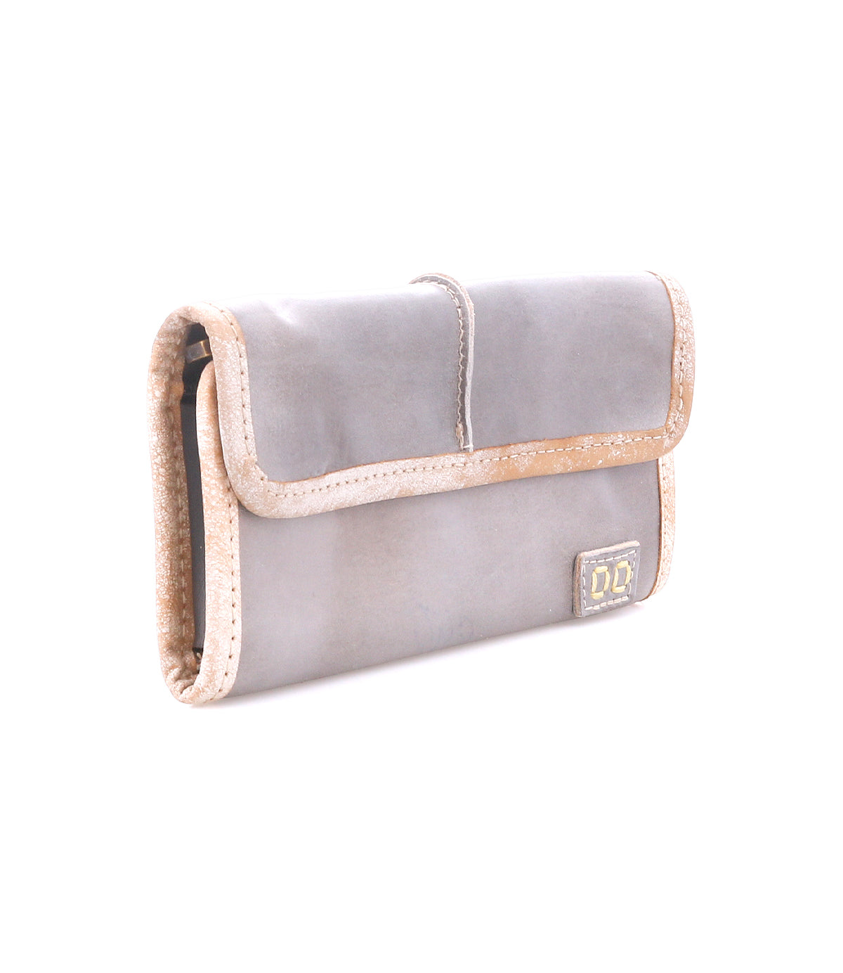 The Bed Stu Canton wallet is a gray leather 2-in-1 clutch with beige trim and a small rectangular "DD" patch, displayed on a white background.