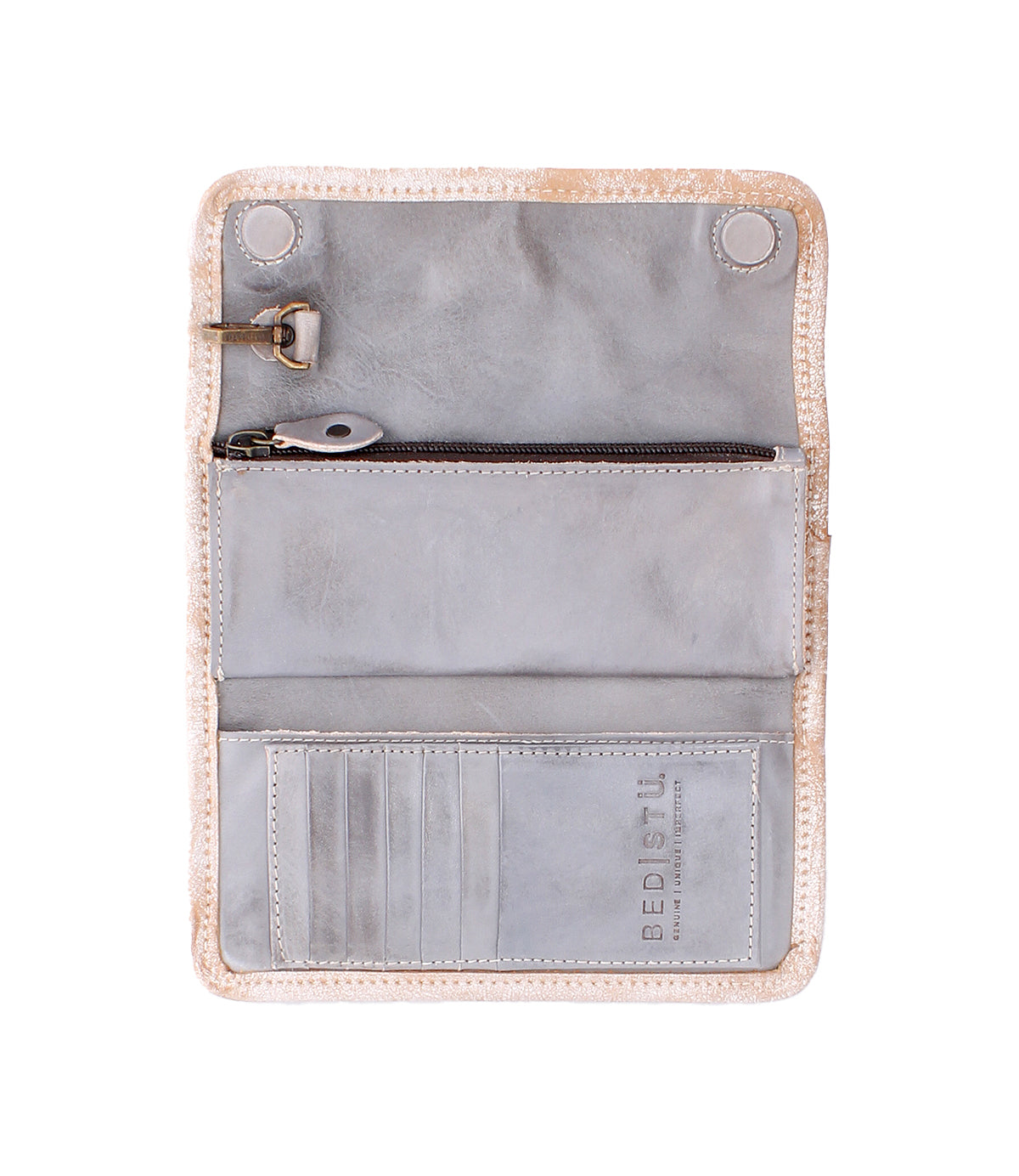 The Canton by Bed Stu is a gray 2-in-1 leather wallet with card slots, a zippered pocket, and snap closures—ideal as a clutch or for daily essentials. "Bed Stu" branding appears on the lower right.