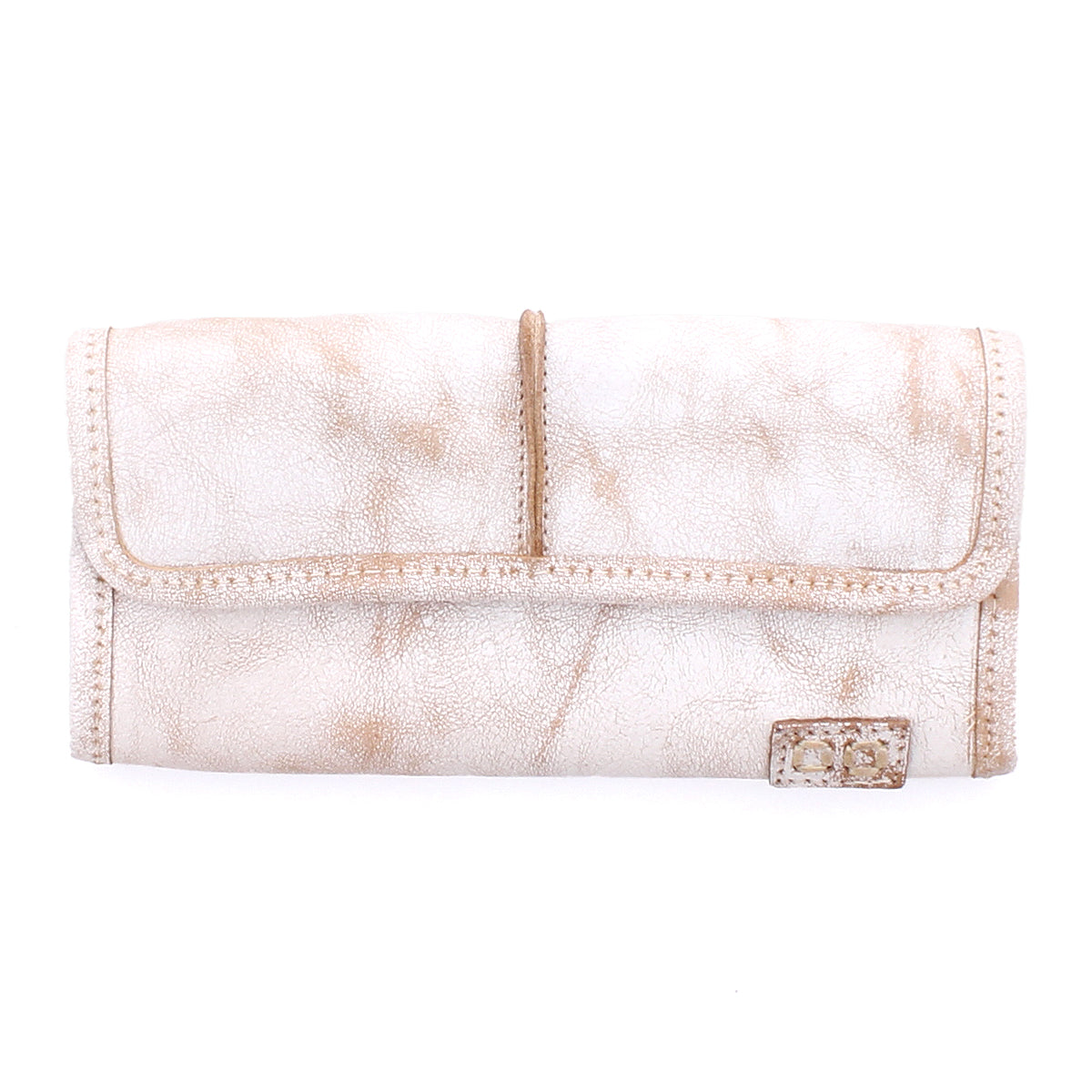 The white leather Canton wallet by Bed Stu features a textured finish, convenient card slots, and a small metal logo plaque on the bottom right corner.