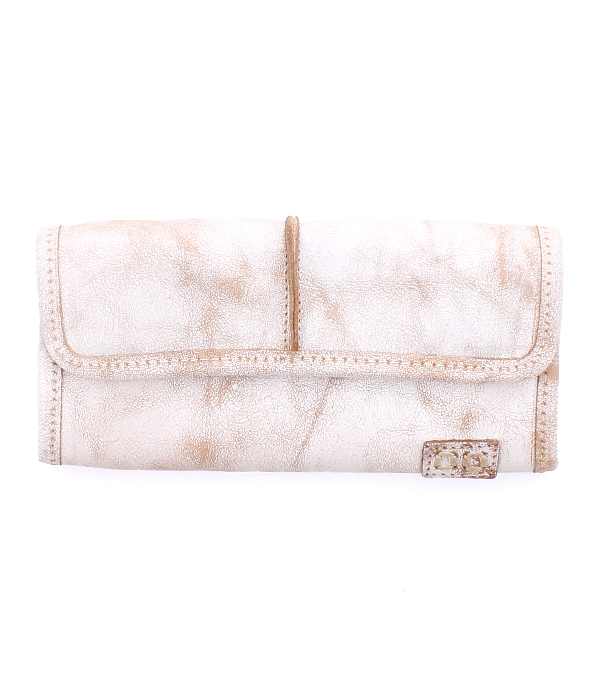 The white leather Canton wallet by Bed Stu features a textured finish, convenient card slots, and a small metal logo plaque on the bottom right corner.