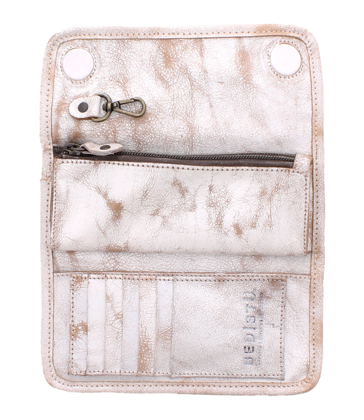 The Bed Stu Canton clutch is a stylish white leather accessory featuring an open design, card slots, a zipper pocket, and snap closure buttons.
