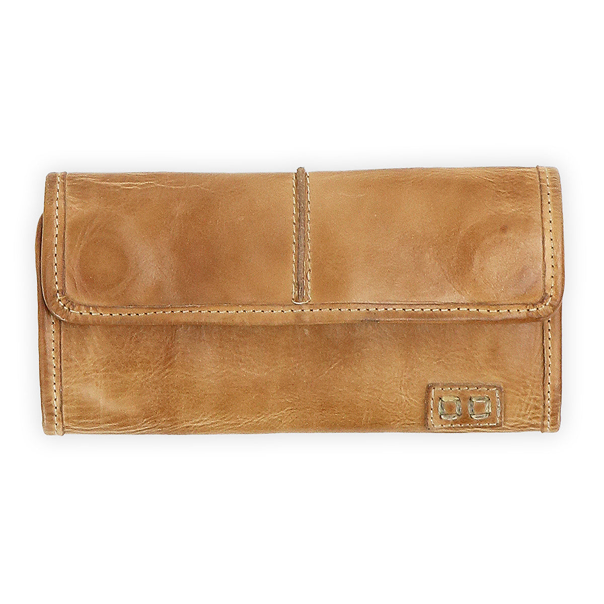 The Canton by Bed Stu is a sleek brown leather wallet featuring card slots, a fold-over flap, and meticulous stitched details.