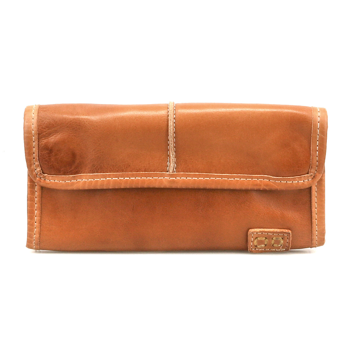The Bed Stu Canton is a tan compact leather wallet featuring visible stitching and a small rectangular logo patch in the bottom right corner, shown against a white background.