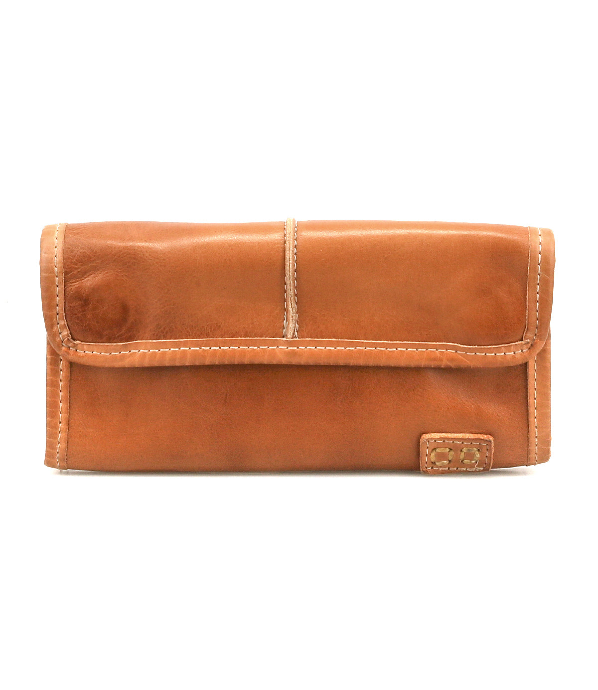The Bed Stu Canton is a tan compact leather wallet featuring visible stitching and a small rectangular logo patch in the bottom right corner, shown against a white background.
