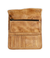 Unfold the Canton wallet by Bed Stu, crafted in tan leather with multiple card slots and a convenient zippered pocket. This stylish clutch seamlessly blends functionality with elegance for the modern individual.