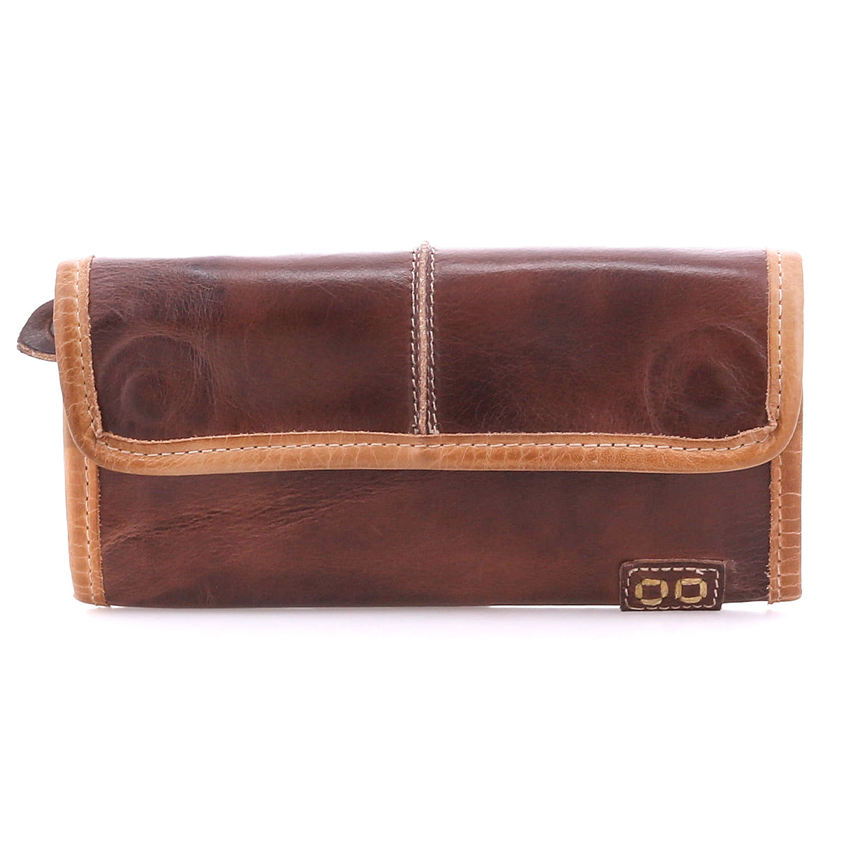 The Bed Stu Canton is a brown leather wallet with tan stitching and a small rectangular patch on the bottom right, shown on a white background; this 2-in-1 wallet blends classic style and modern functionality.