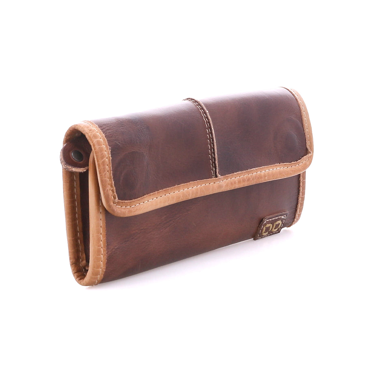 The Bed Stu Canton is a brown leather wallet with tan trim, a stitched flap closure, and a small metal emblem on the lower right. This 2-in-1 design easily doubles as a stylish clutch for versatile use.